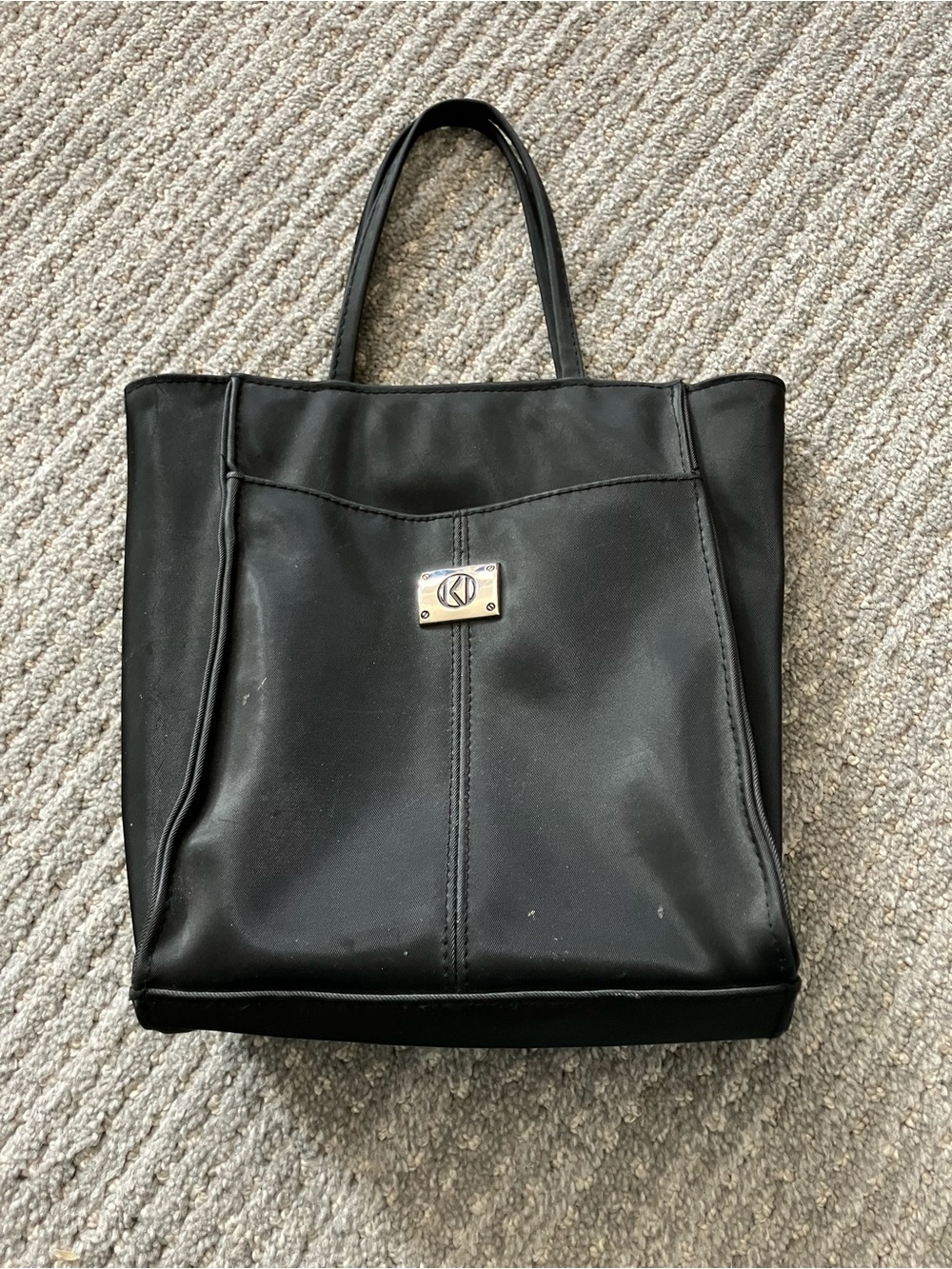 kathy ireland Black Leather Tote with Branded Plaque